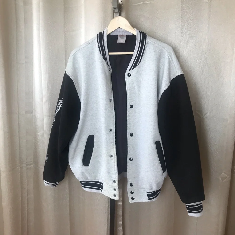 Varsity Base Ball Jacket by Fruit Of The Loom Vintage Distressed Grey. Worn